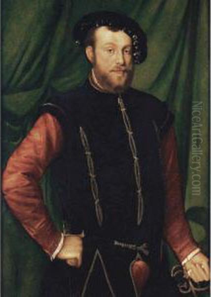 Portrait Of A Gentleman, Three-quarter Length, Wearing A Black Cap, A Black-slashed Singlet Over A Red Shirt, Holding A Sword And A Dagger And Standing Before A Green Curtain Oil Painting by Jan Steven van Calcar