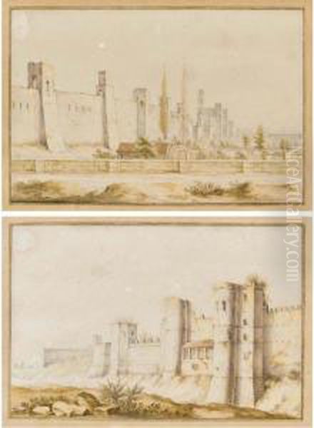 Two Views Of A Walled City, Possibly Carcassonne Oil Painting by Jan I van Call