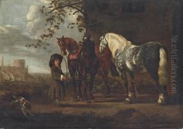 A Landscape With Three Horses Being Held By A Young Boy Oil Painting by Abraham Van Calraet