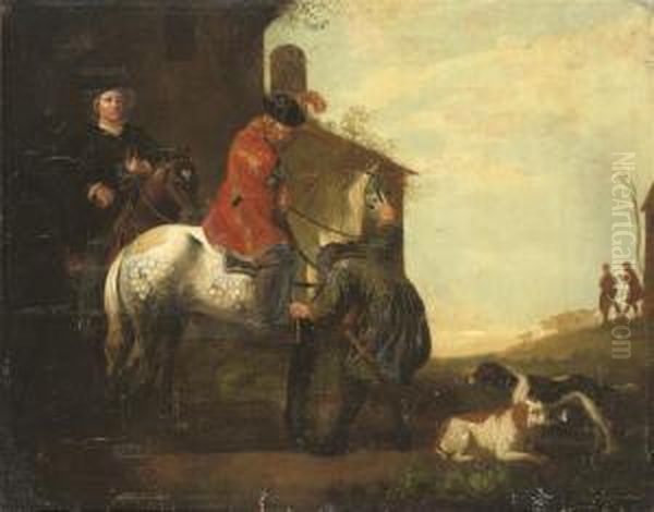 A Soldier Dismounting His Horse In A Landscape Oil Painting by Abraham Van Calraet