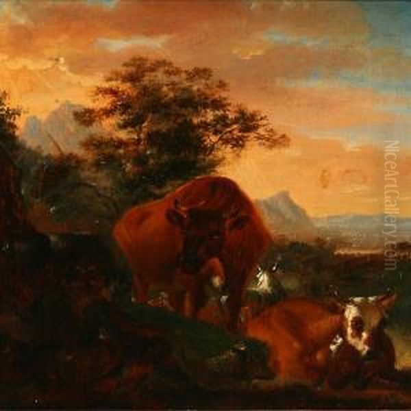 Evening Landscape With A Shepherd And Cattle Oil Painting by Barend Van Kalraet