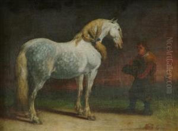 Horse Leld By Agroom Oil Painting by Barend Van Kalraet