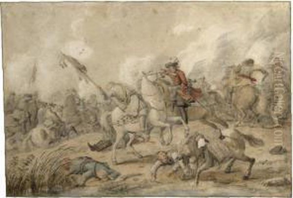 Cavalry In A Fierce Battle Oil Painting by Barend Van Kalraet