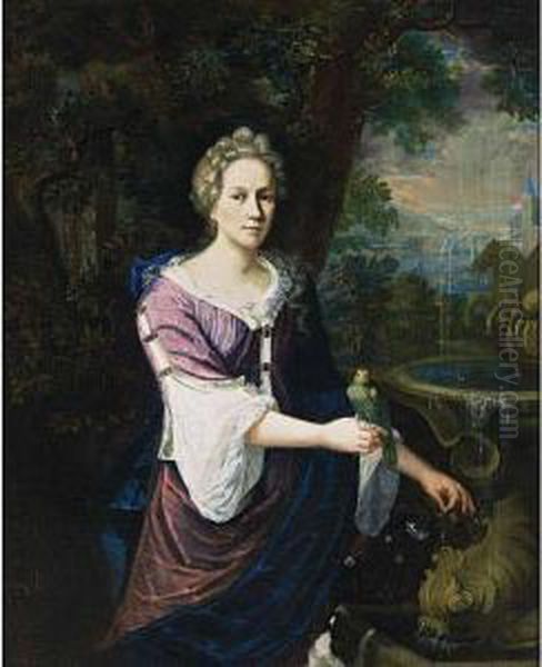 A Portrait Of A Lady, Standing Three-quarter Lenght Near Afountain, Wearing A Purple Dress With White Undergarment And A Blueshawl, Holding A Parrot On Her Right Hand, A Dog In Theforeground Oil Painting by Barend Van Kalraet