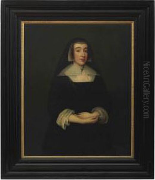 Circle Of Cornelius Johnson 
 Portrait Of A Lady, Three-quarter-length Standing, Wearing A Black Dress With A White Collar And A Black Veil Oil Painting by Cornelius Jonson