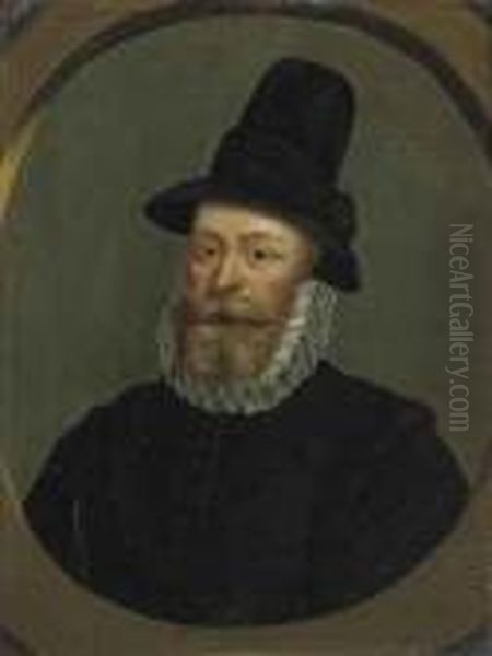 Portrait Of A Gentleman, Bust-length, In A Black Hat And Coat Witha White Ruff, In A Feigned Oval Oil Painting by Cornelius Jonson