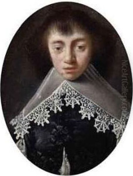 Portrait Miniature Of A Young Boy, Small Bust-length, In A Blackdoublet And Lace Collar Oil Painting by Cornelius Jonson