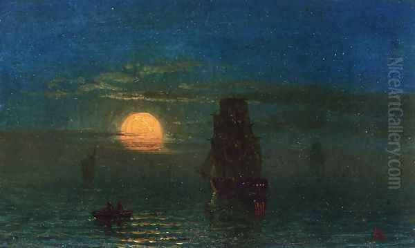 Ships in Moonlight Oil Painting by Albert Bierstadt