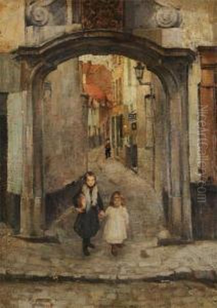 A Pair Of Sisters Near The Church Gate by Jean Van Cleemput