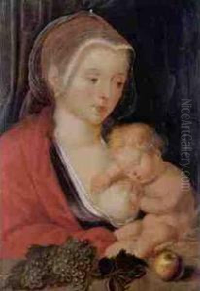 Madonna Mit Kind Hinter Einer Mauerbrustung Oil Painting by Cornelis Sotte Cleef Van Cleve