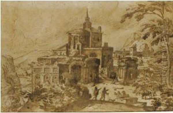 Italianate Landscape Capriccio With Ruins Oil Painting by Hendrick van Cleve