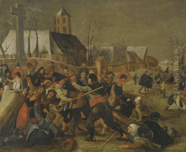 A Winter Landscape With A Peasant Brawl Near A Church Oil Painting by Marten Van Cleve