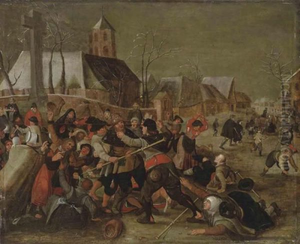 I A Winter Landscape With Villagers In A Brawl Oil Painting by Marten Van Cleve