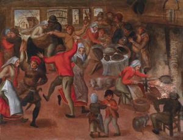 Peasant Dance In A Tavern Oil Painting by Marten Van Cleve