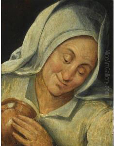 Peasant Woman Holding A Mug Oil Painting by Marten Van Cleve