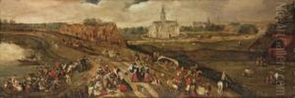 An Extensive Landscape With Peasants On A Track Near A River, A Church Beyond Oil Painting by Marten Van Cleve