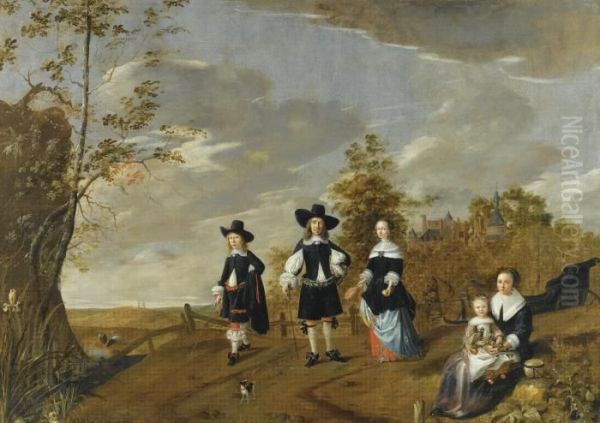 A Family Portrait In A Landscape Before Casteel Dursteede Oil Painting by Christiaen Van Colenbergh