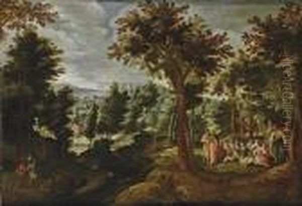 A Wooded Landscape With St. John The Baptist Preaching Oil Painting by Gillis van Coninxloo