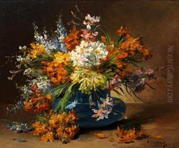 Still Life Of Flowers In A Blue Vase Oil Painting by Edmond Van Coppenolle