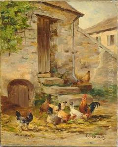 Coqs Et Poules Devant Une Porte De Ferme. Oil Painting by Edmond Van Coppenolle