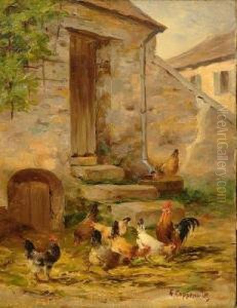 Coqs Et Poules Devant Une Porte De Ferme Oil Painting by Edmond Van Coppenolle