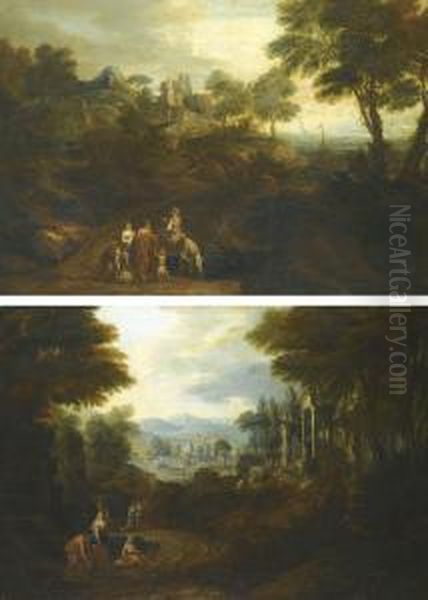 Italianate Landscapes With Riders And Classical Ruins Oil Painting by Jan Joost Von Cossiau