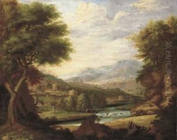 An Extensive Classical Italianate Landscape With Figures By A River, A Town Beyond Oil Painting by Jan Joost Von Cossiau