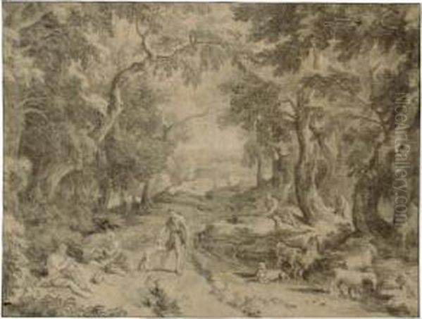 Four Peasants Resting On A Woodland Path, With Their Herd Of Goats To The Right Oil Painting by Jan Joost Von Cossiau