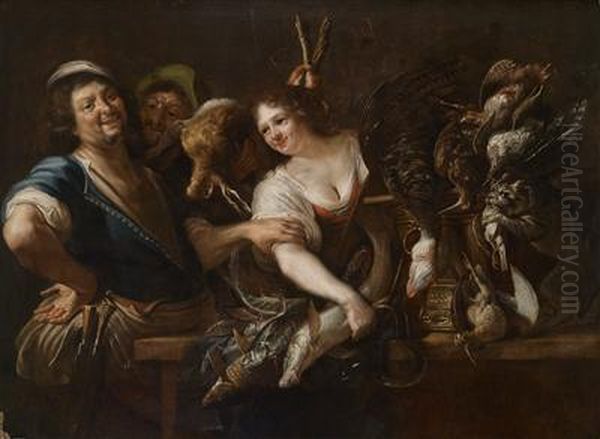 A Huntsman And A Maid With Fish And Game In A Kitchen Interior Oil Painting by Christian Gillisz. Van Couwenbergh