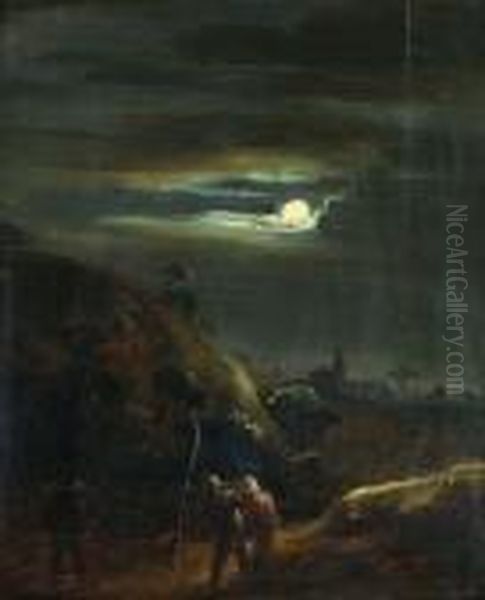 Paysans Sur Un Chemin Au Clair De Lune Oil Painting by Joos van Craesbeeck