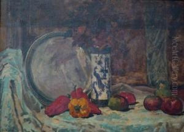 Nature Morte Aux Poivrons Et Vase Chinois Oil Painting by Cornelis Wiekev. Van Crommelin