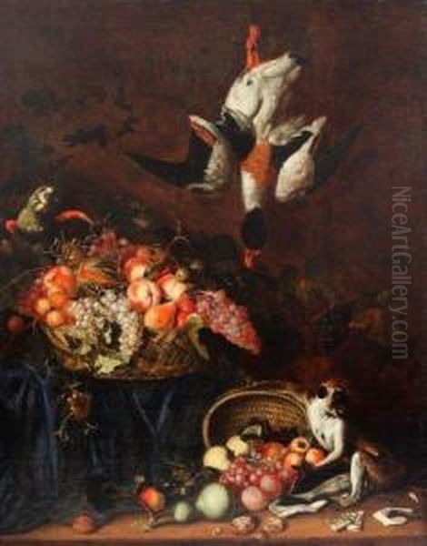 Nature Morte Aux Paniers De Fruits Animee D'un Singe Et D'unperroquet. Oil Painting by Frans Van Cuyck Van Myerhop