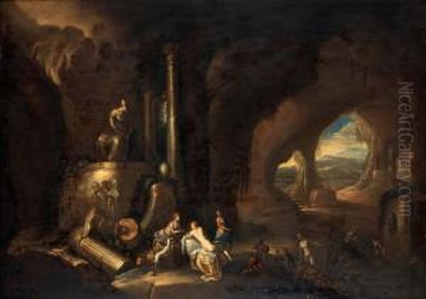 Landscape With Cave And Antique Statues Oil Painting by Abraham van Cuylenborch