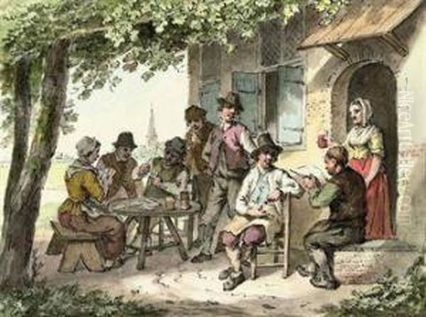 Peasants Playing Cards Outside A Tavern Oil Painting by Cornelis van Cuylenburg