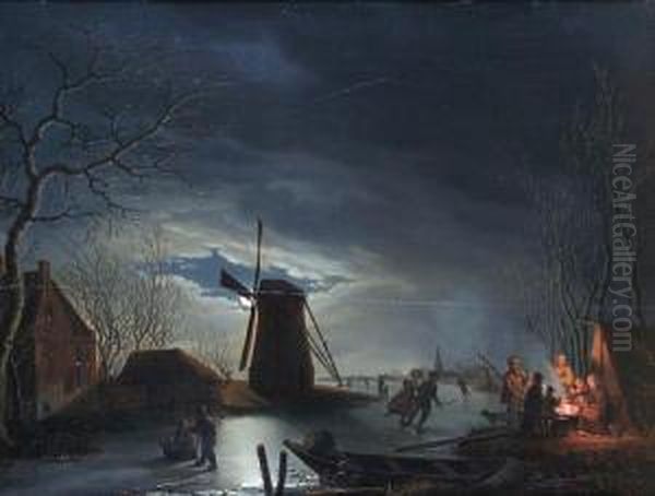 Dutch Winter Scene By Moonlight, With Figuresskating On A Frozen Canal By A Windmill, And Campers By Afire Oil Painting by Johannes Elize Van Cuylenburgh