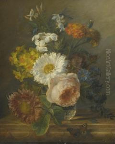 A Still Life With Daffodils, A Rose And Other Flowers In A Vase With A Butterfly, A Dragon Fly And A Beetle Oil Painting by Jan Frans Van Dael