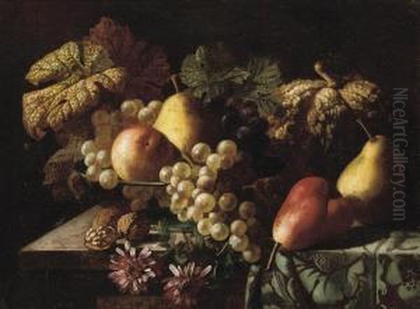 Pears, A Pumpkin, Grapes, An Apple, Walnuts And Daisies On Apartly- Draped Table Oil Painting by Jan Frans Van Dael