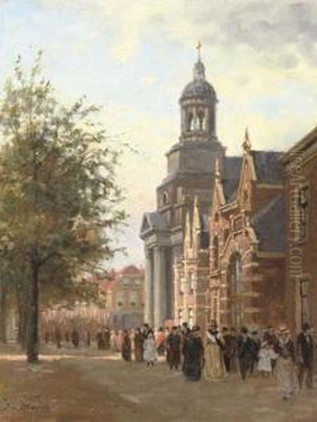 Numerous Cityfolk Oil Painting by Jan Van Dam