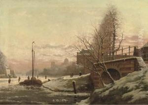 The River Vliet In Winter With The Observatory Beyond, Leiden Oil Painting by Jan Van Dam