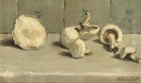 Stilleven Paddestoelen: Mushrooms On A Ledge Oil Painting by Lucie Van Dam Van Isselt