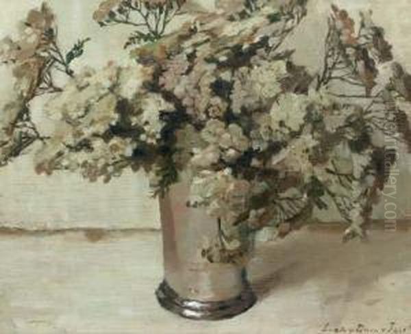 Fleur Dans Un Gobelet D'etain: White Flowers Oil Painting by Lucie Van Dam Van Isselt