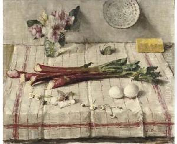 Voorjaar - A Still Life With Rhubarb, Eggs, Flowers And A Butterfly Oil Painting by Lucie Van Dam Van Isselt