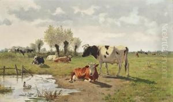 Cattle In Pasture Oil Painting by Emile Van Damme-Sylva