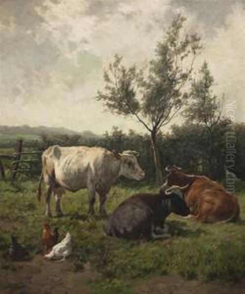 Chickens And Cows Oil Painting by Emile Van Damme-Sylva