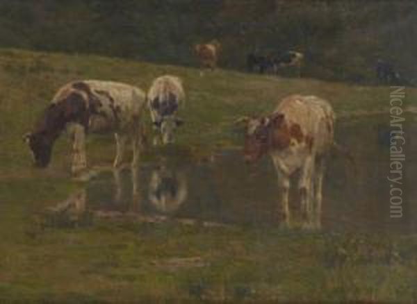 Vaches S'abreuvant Oil Painting by Emile Van Damme-Sylva