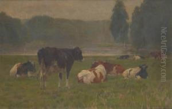 Vaches Au Bord Du Coursd'eau Oil Painting by Emile Van Damme-Sylva