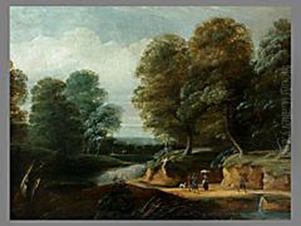 Flusslandschaft Mit Wanderern Und Reisigsammlern Oil Painting by Philip Van Dapels