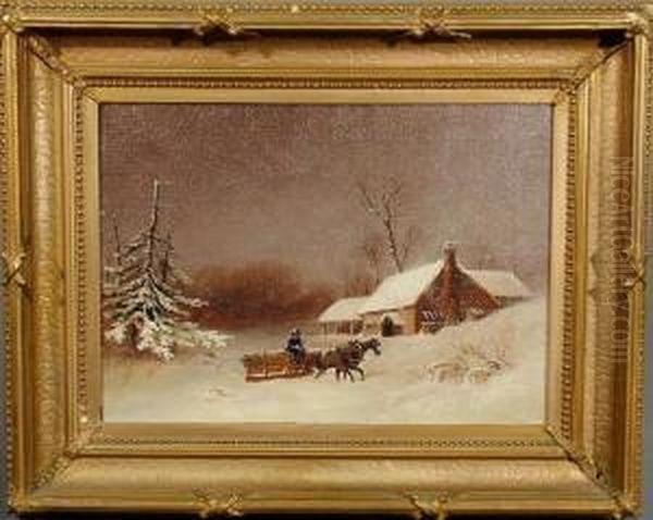 A Snow Scene With A Team Of Horses And Lumber Sled And House In The Background Oil Painting by William Velde Van De Bonfield