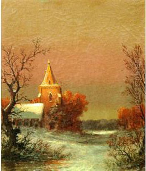 Snowed In Church At Dusk Oil Painting by William Velde Van De Bonfield