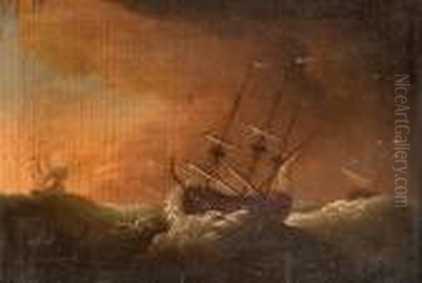 A Warship Sailing Under Reduced Sail In Heavy Weather With Other Shipping Oil Painting by William Velde Van De Bonfield